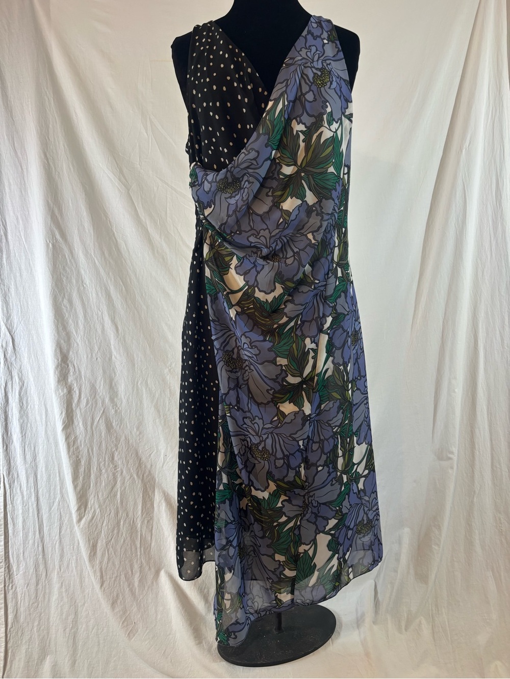 SFW Suitable For Work Made in Italy Floral Polka Dot Draped Midi Dress L NWT